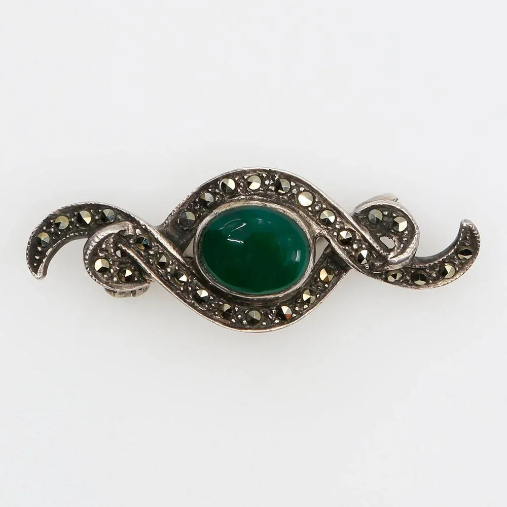 Vintage 925 Sterling Silver Marcasite Green‎ Stone Cabochon Swirl Brooch 1970s